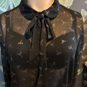 City Chic Sheer Black Blouse Tie Neck Glittery Bird Pattern